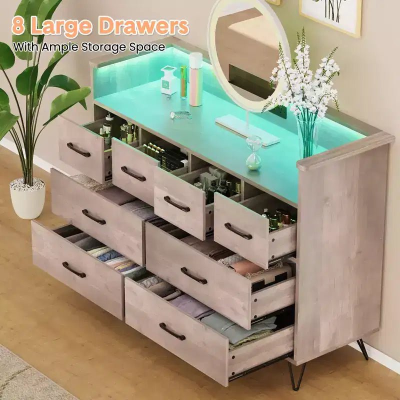Meuble TV commode COZONY 8 tiroirs, centre de divertissement en bois avec éclairage LED, station de charge, grand rangement pour chambre et salon