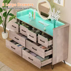 Meuble TV commode COZONY 8 tiroirs, centre de divertissement en bois avec éclairage LED, station de charge, grand rangement pour chambre et salon