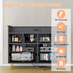 Meuble TV commode COZONY 8 tiroirs, centre de divertissement en bois avec éclairage LED, station de charge, grand rangement pour chambre et salon