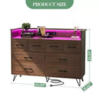 Meuble TV commode COZONY 8 tiroirs, centre de divertissement en bois avec éclairage LED, station de charge, grand rangement pour chambre et salon