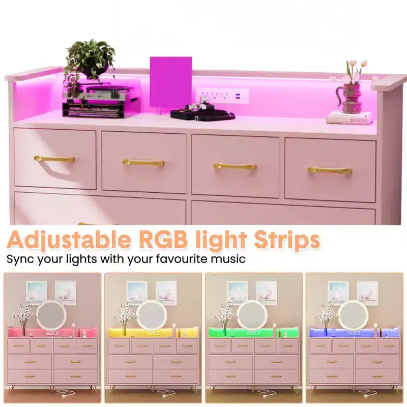 Meuble TV commode COZONY 8 tiroirs, centre de divertissement en bois avec éclairage LED, station de charge, grand rangement pour chambre et salon