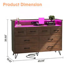 Meuble TV commode COZONY 8 tiroirs, centre de divertissement en bois avec éclairage LED, station de charge, grand rangement pour chambre et salon