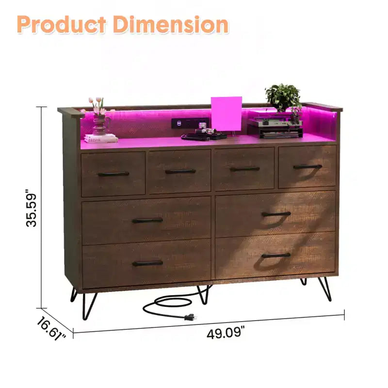 Meuble TV commode COZONY 8 tiroirs, centre de divertissement en bois avec éclairage LED, station de charge, grand rangement pour chambre et salon