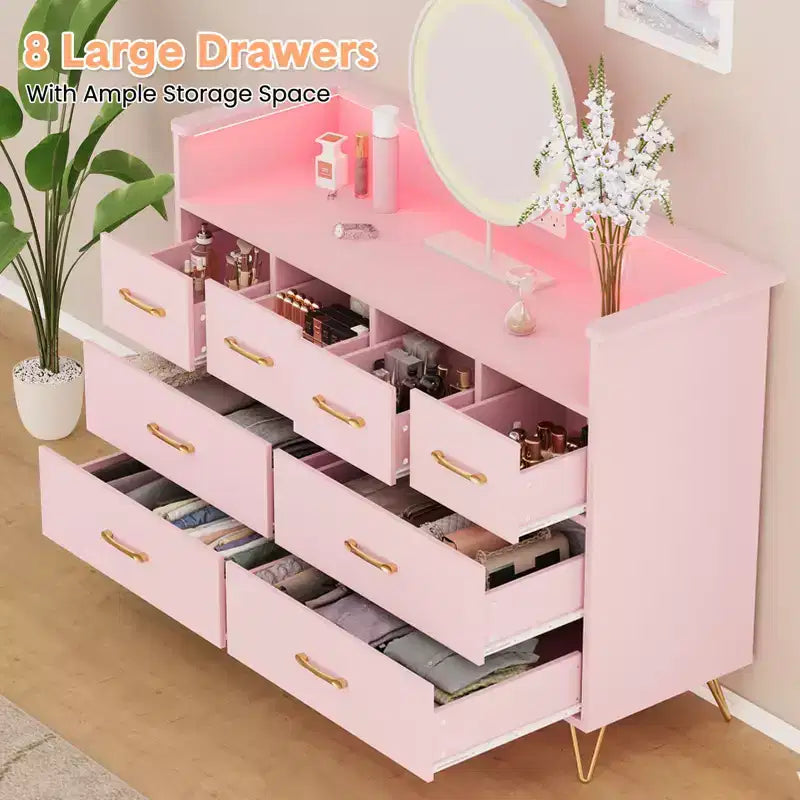 Meuble TV commode COZONY 8 tiroirs, centre de divertissement en bois avec éclairage LED, station de charge, grand rangement pour chambre et salon