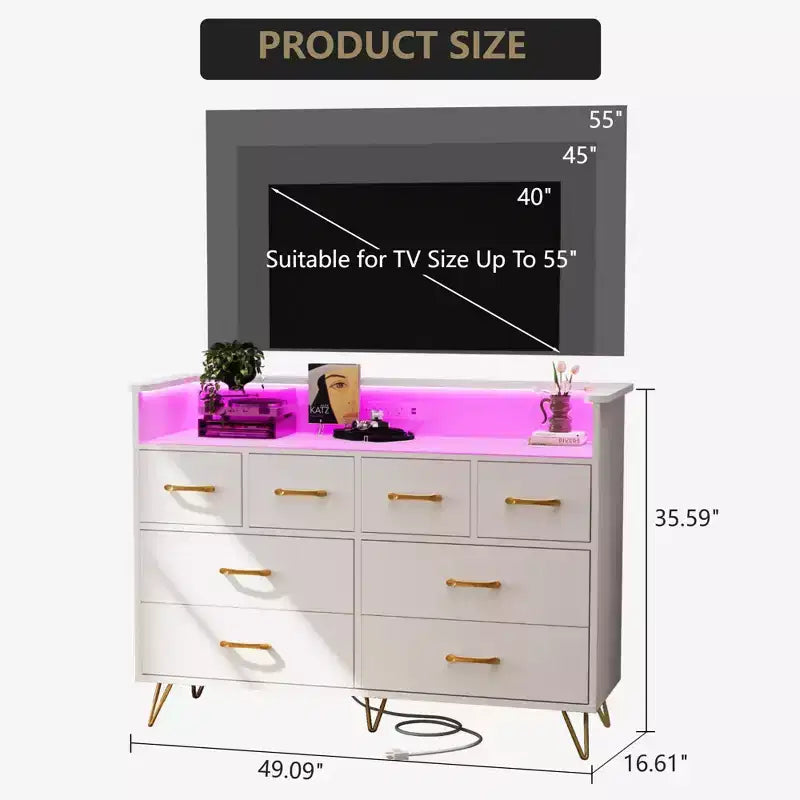 Meuble TV commode COZONY 8 tiroirs, centre de divertissement en bois avec éclairage LED, station de charge, grand rangement pour chambre et salon