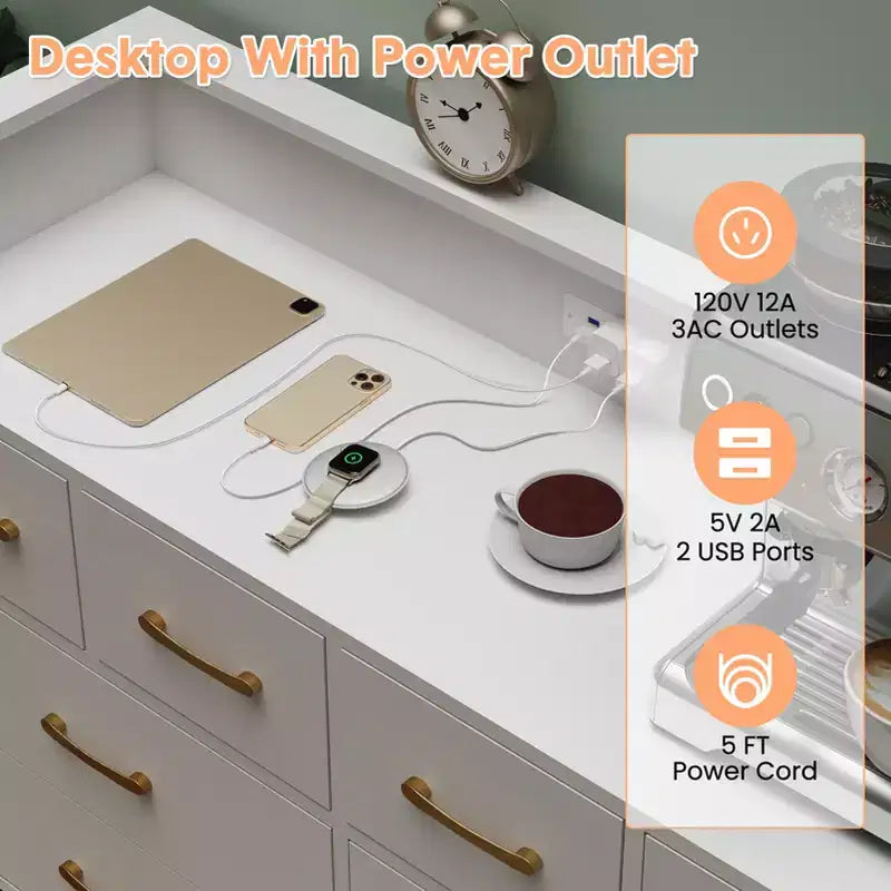 Meuble TV commode COZONY 8 tiroirs, centre de divertissement en bois avec éclairage LED, station de charge, grand rangement pour chambre et salon