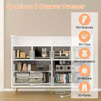 Meuble TV commode COZONY 8 tiroirs, centre de divertissement en bois avec éclairage LED, station de charge, grand rangement pour chambre et salon