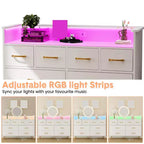Meuble TV commode COZONY 8 tiroirs, centre de divertissement en bois avec éclairage LED, station de charge, grand rangement pour chambre et salon