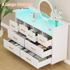 Meuble TV commode COZONY 8 tiroirs, centre de divertissement en bois avec éclairage LED, station de charge, grand rangement pour chambre et salon