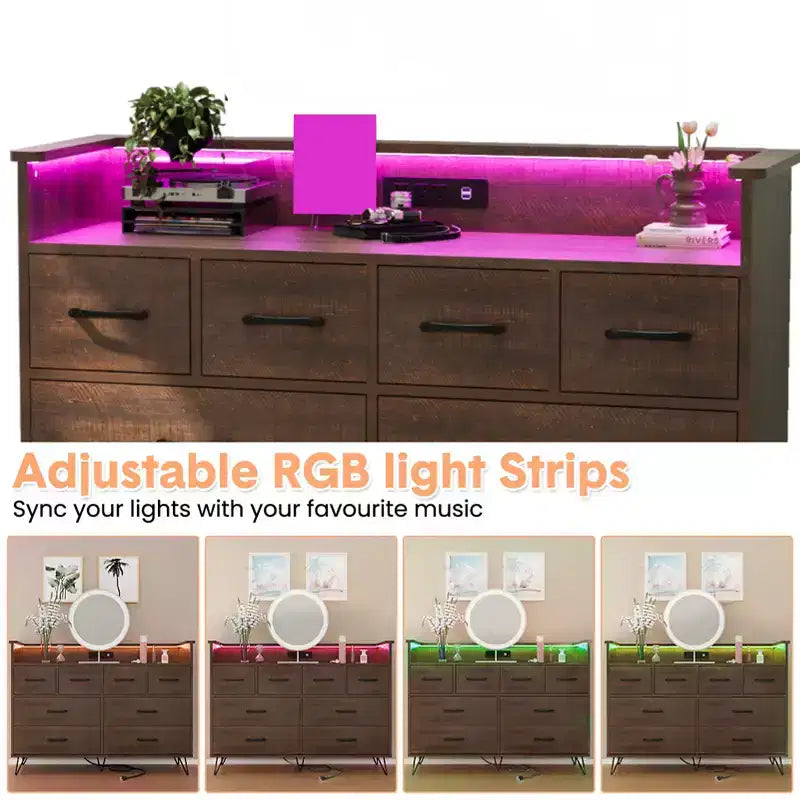 Meuble TV commode COZONY 8 tiroirs, centre de divertissement en bois avec éclairage LED, station de charge, grand rangement pour chambre et salon