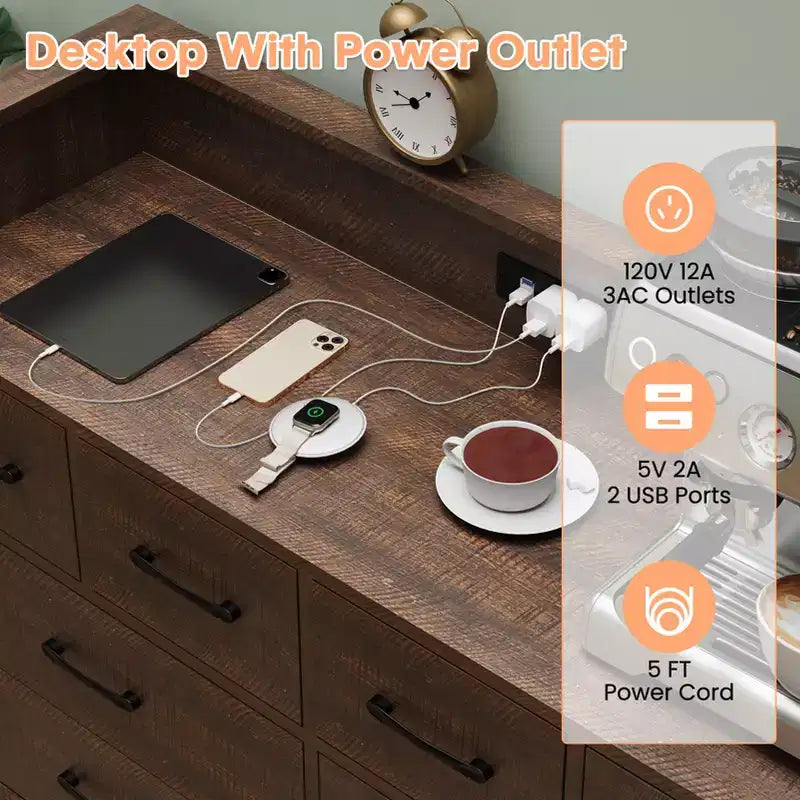Meuble TV commode COZONY 8 tiroirs, centre de divertissement en bois avec éclairage LED, station de charge, grand rangement pour chambre et salon