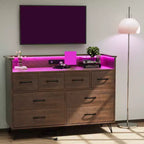 Meuble TV commode COZONY 8 tiroirs, centre de divertissement en bois avec éclairage LED, station de charge, grand rangement pour chambre et salon