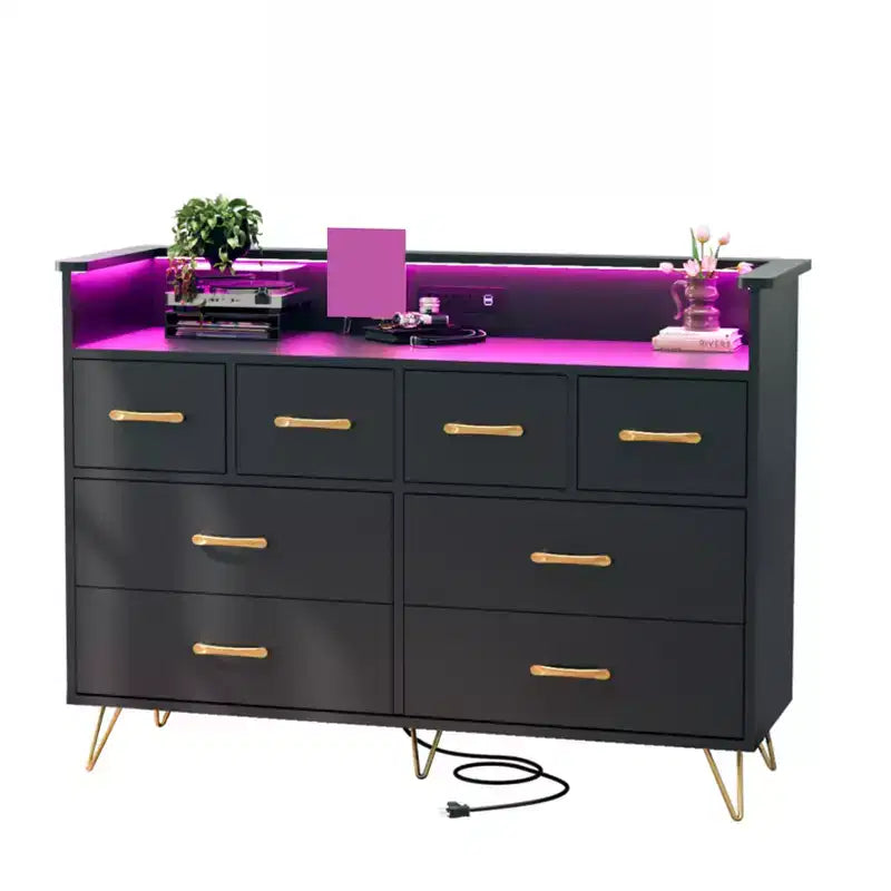 Meuble TV commode COZONY 8 tiroirs, centre de divertissement en bois avec éclairage LED, station de charge, grand rangement pour chambre et salon
