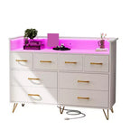 Meuble TV commode COZONY 8 tiroirs, centre de divertissement en bois avec éclairage LED, station de charge, grand rangement pour chambre et salon