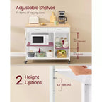 Chariot de cuisine roulant avec 2 tiroirs et étagères réglables, station de travail mobile de 294 kg de capacité sur roulettes verrouillables, 110 cm de large, beige et blanc