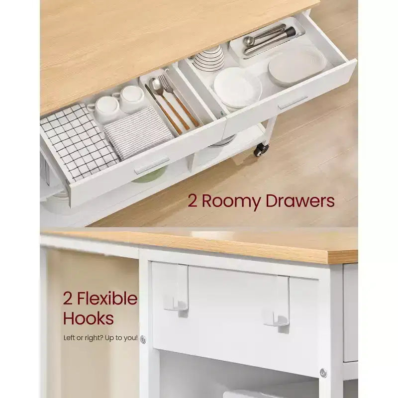 Chariot de cuisine roulant avec 2 tiroirs et étagères réglables, station de travail mobile de 294 kg de capacité sur roulettes verrouillables, 110 cm de large, beige et blanc