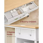Chariot de cuisine roulant avec 2 tiroirs et étagères réglables, station de travail mobile de 294 kg de capacité sur roulettes verrouillables, 110 cm de large, beige et blanc