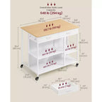 Chariot de cuisine roulant avec 2 tiroirs et étagères réglables, station de travail mobile de 294 kg de capacité sur roulettes verrouillables, 110 cm de large, beige et blanc