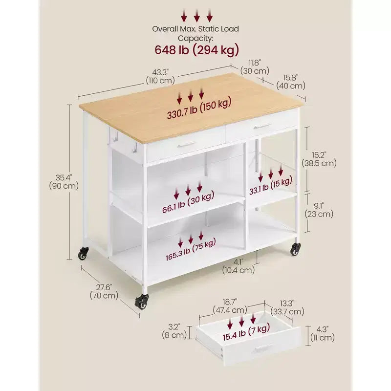 Chariot de cuisine roulant avec 2 tiroirs et étagères réglables, station de travail mobile de 294 kg de capacité sur roulettes verrouillables, 110 cm de large, beige et blanc