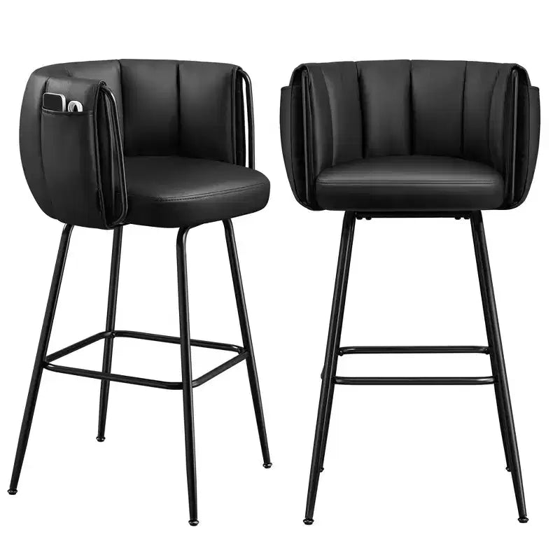 Lot de 2 tabourets de bar rembourrés avec assise pivotante à 360° et poches de rangement, dossier incurvé et repose-pieds, capacité de 120 kg, hauteur de comptoir, Noir Encre