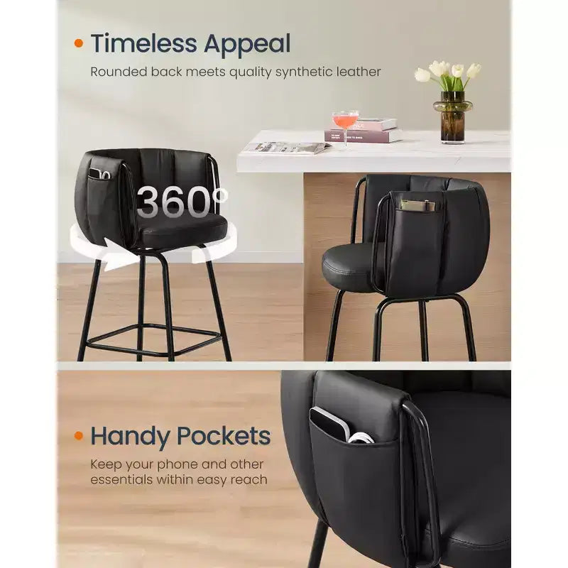 Lot de 2 tabourets de bar rembourrés avec assise pivotante à 360° et poches de rangement, dossier incurvé et repose-pieds, capacité de 120 kg, hauteur de comptoir, Noir Encre