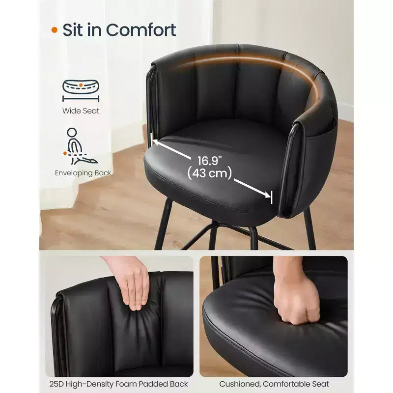 Lot de 2 tabourets de bar rembourrés avec assise pivotante à 360° et poches de rangement, dossier incurvé et repose-pieds, capacité de 120 kg, hauteur de comptoir, Noir Encre