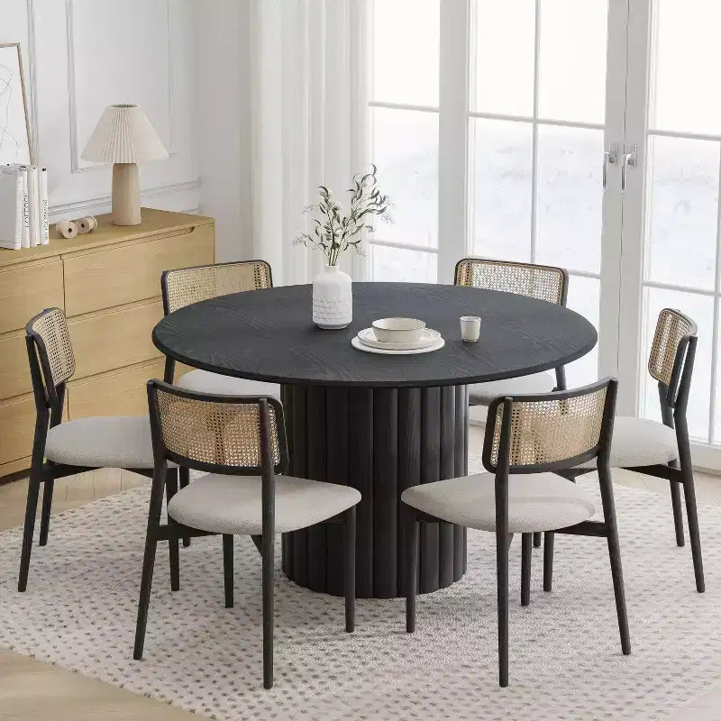 PexFix 52 Wood Round Dining Table Kitchen Table for 4-6 with Arc-Shaped Edge Top & Textured Pedestal for Living/Dining Room Coffee Office Black