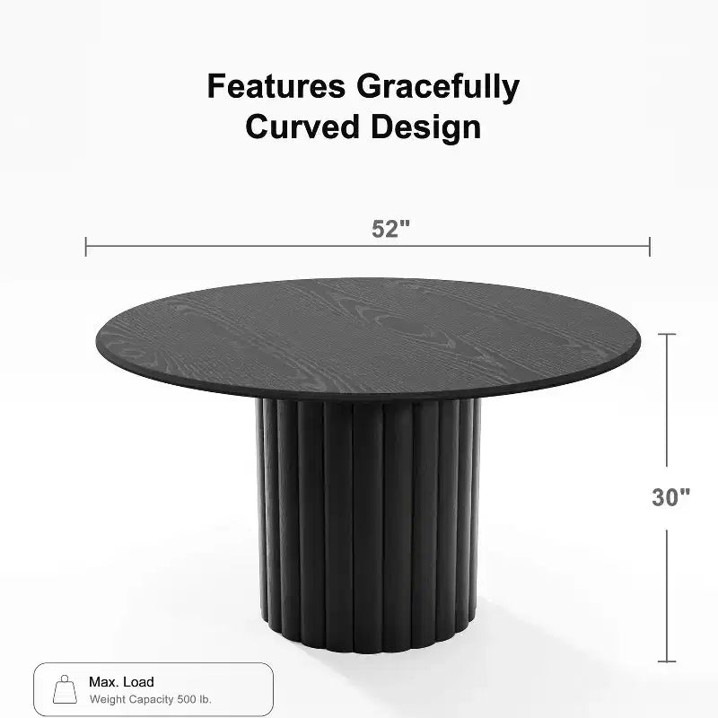 PexFix 52 Table à Manger Ronde en Bois pour 4 à 6 Personnes avec Plateau à Bords Arc-Forme et Piédestal Texturé pour Salon/Salle à Manger, Café, Bureau Noir