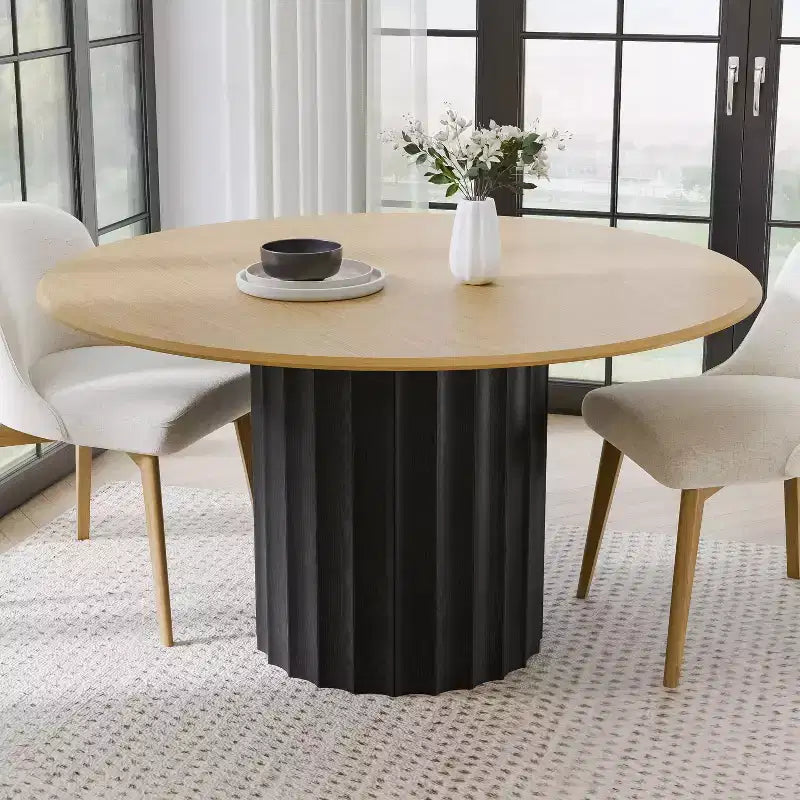 Table à manger ronde en bois PexFix 52, table de cuisine pour 4 à 6 personnes avec plateau aux bords arrondis et piédestal cannelé pour salon/salle à manger/bureau, couleur naturelle