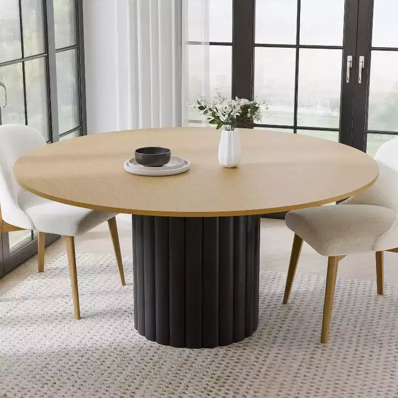PexFix 60 Table de salle à manger ronde en bois massif, table de cuisine pour 6-8 personnes avec plateau et base cylindrique texturée pour salon/salle à manger/bureau, couleur naturelle