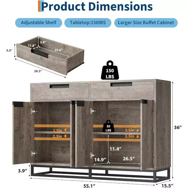 Buffet bahut moderne de 139,7 cm – Meuble de rangement de cuisine avec 2 tiroirs et 4 portes pour salle à manger