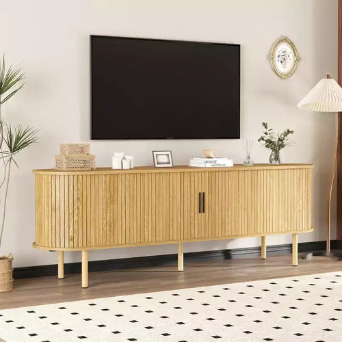 70 TV Stand with Sliding Doors and Storage For 80 Inch TVs, Wooden Media Console , Modern Entertainment Center for Living Room