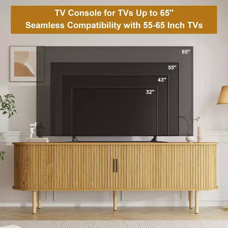 Meuble TV de 70 po avec portes coulissantes et rangement pour téléviseurs de 80 po, console média en bois, meuble de divertissement moderne pour salon