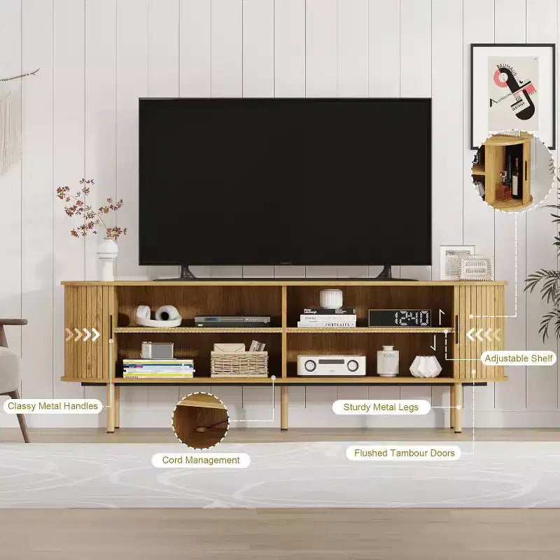 Meuble TV de 70 po avec portes coulissantes et rangement pour téléviseurs de 80 po, console média en bois, meuble de divertissement moderne pour salon