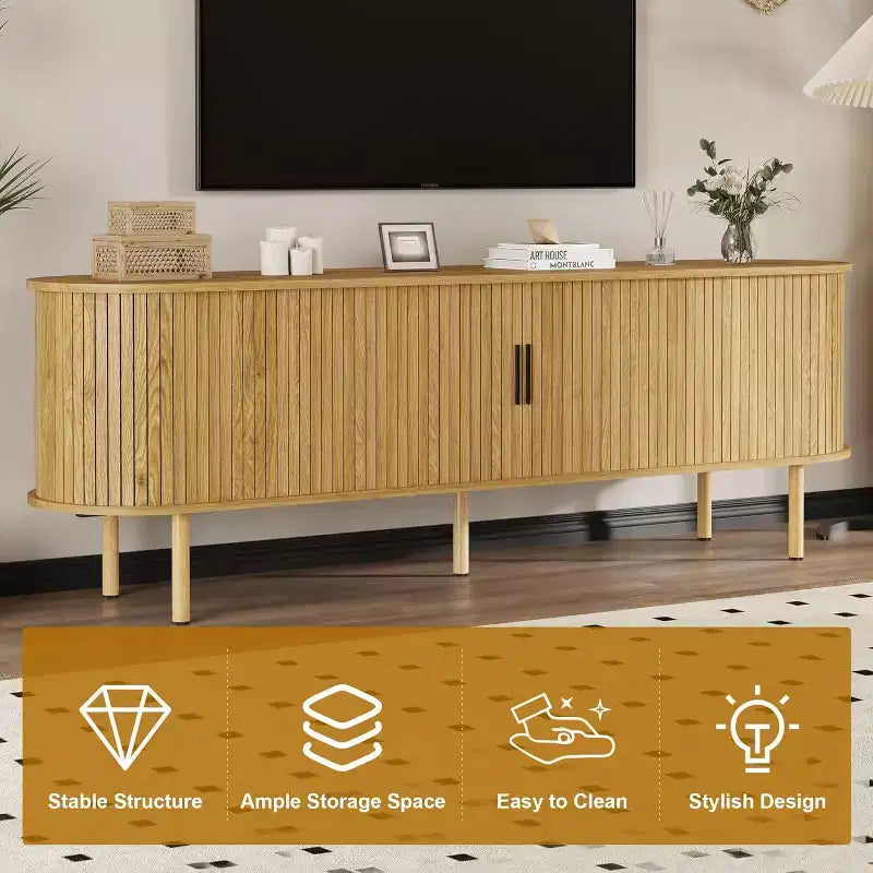 Meuble TV de 70 po avec portes coulissantes et rangement pour téléviseurs de 80 po, console média en bois, meuble de divertissement moderne pour salon