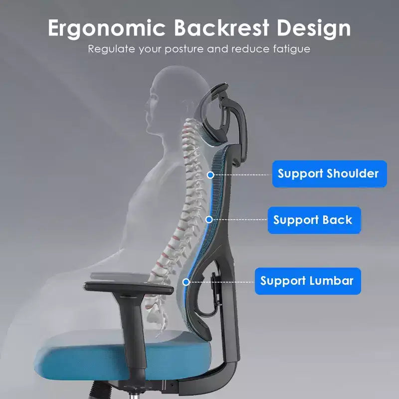 Chaise de bureau ergonomique Okak, chaise de bureau en maille avec appui-tête, support lombaire et accoudoirs réglables, chaise de jeu à dossier haut pour le bureau, la maison
