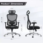 Chaise de bureau ergonomique Okak, chaise de bureau en maille avec appui-tête, support lombaire et accoudoirs réglables, chaise de jeu à dossier haut pour le bureau, la maison