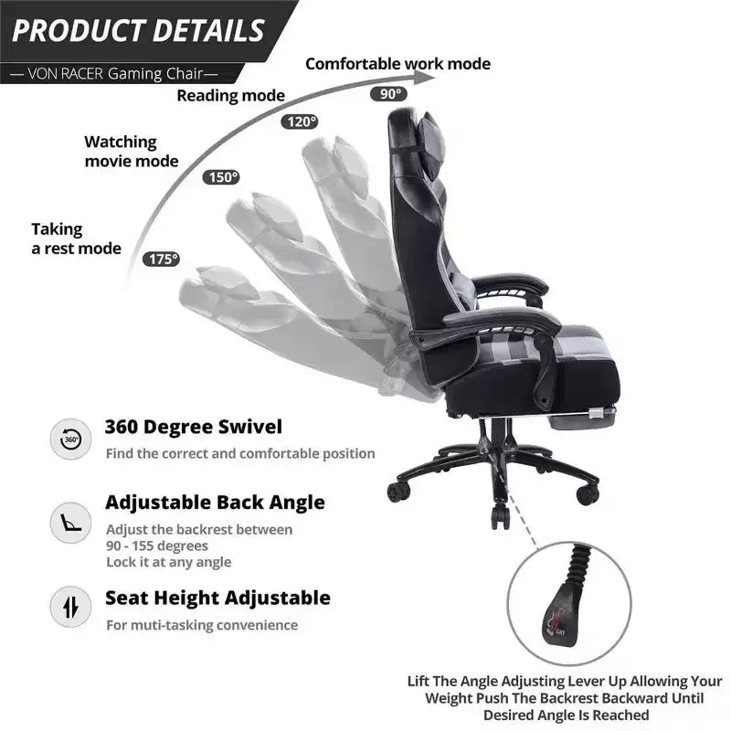 Chaise de jeu Okak à dossier haut, chaise de bureau ergonomique avec repose-pieds pliable, chaise confortable réglable en hauteur pour l'étude, la salle de jeu