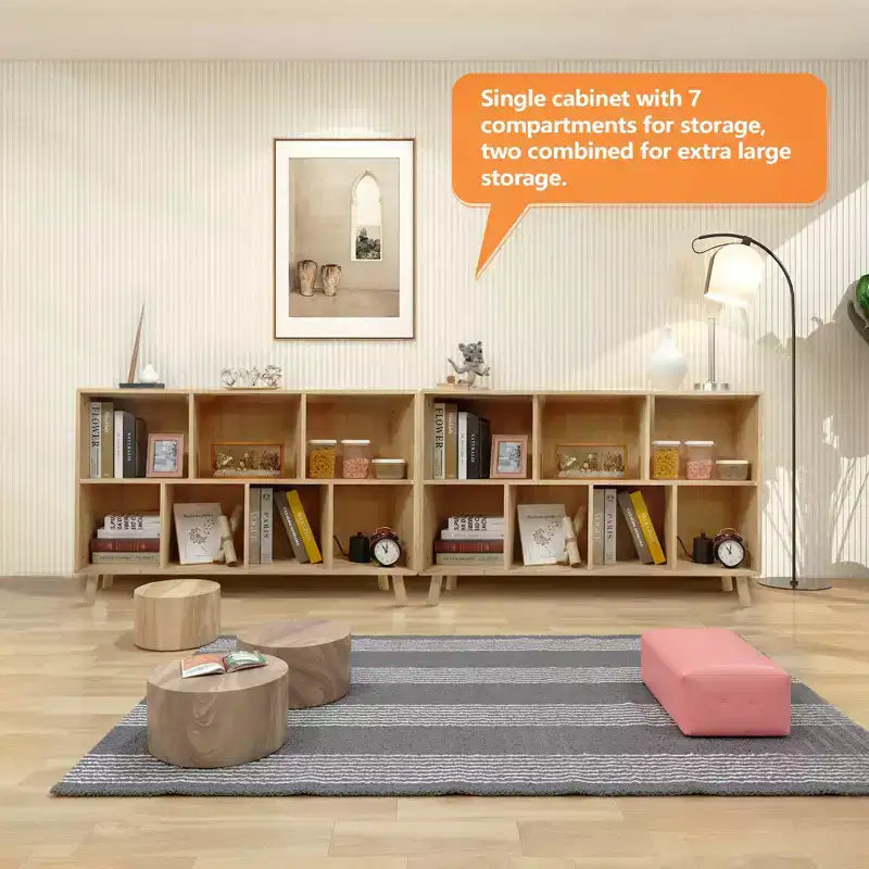Bibliothèque moderne en pin Okak avec 7/8 compartiments, étagères fixes, rangement cubique pour salon