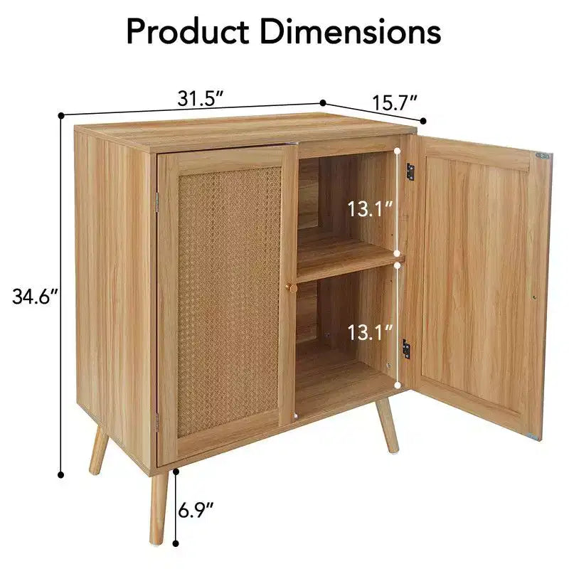 Bahut en rotin avec rangement, buffet de ferme avec étagères réglables et pieds en bois