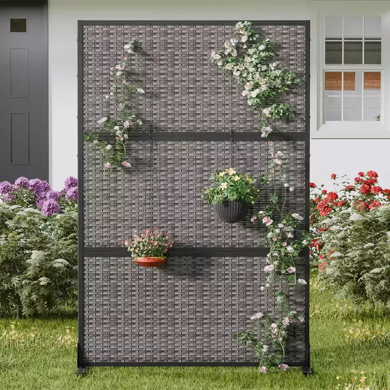 MAYEERTY Paravent tressé en rotin à motif croisé noir pour l'extérieur et l'intérieur, paravent décoratif autoportant pour balcon