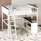 Queen Size Loft Bed with Built-in Desk and Shelves, Space-Saving Wooden Loft Bed Frame with Storage Box and USB, White