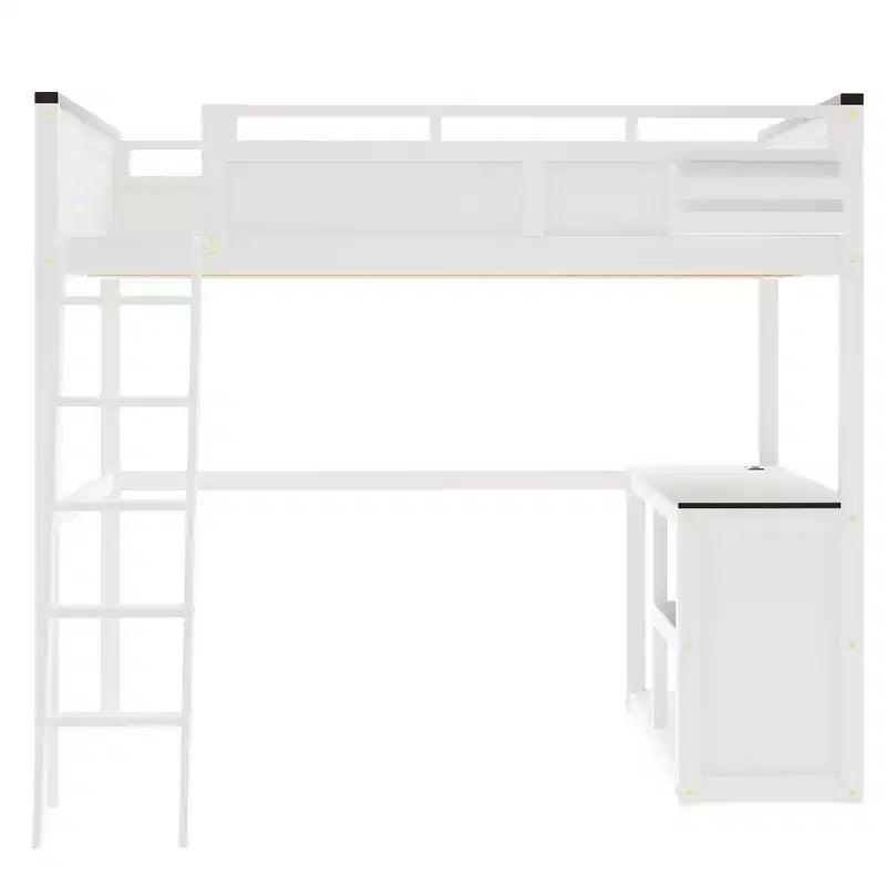 Lit mezzanine Queen Size avec bureau et étagères intégrés, cadre de lit mezzanine en bois peu encombrant avec boîte de rangement et USB, blanc