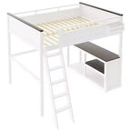 Lit mezzanine Queen Size avec bureau et étagères intégrés, cadre de lit mezzanine en bois peu encombrant avec boîte de rangement et USB, blanc