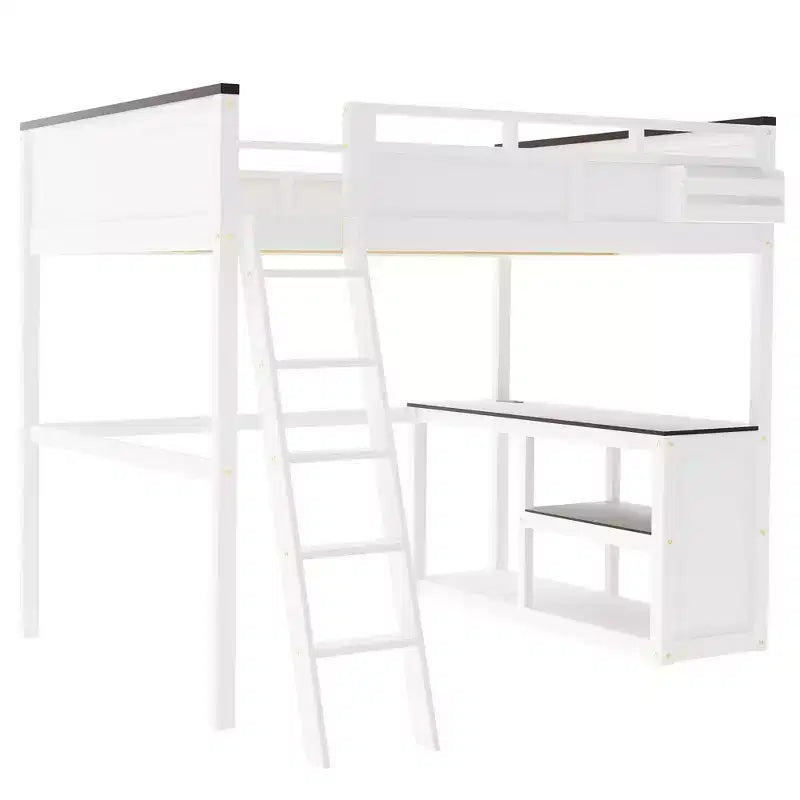 Lit mezzanine Queen Size avec bureau et étagères intégrés, cadre de lit mezzanine en bois peu encombrant avec boîte de rangement et USB, blanc