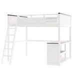 Lit mezzanine Queen Size avec bureau et étagères intégrés, cadre de lit mezzanine en bois peu encombrant avec boîte de rangement et USB, blanc