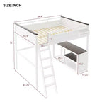 Lit mezzanine Queen Size avec bureau et étagères intégrés, cadre de lit mezzanine en bois peu encombrant avec boîte de rangement et USB, blanc