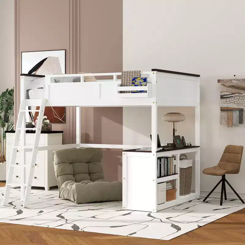 Lit mezzanine Queen Size avec bureau et étagères intégrés, cadre de lit mezzanine en bois peu encombrant avec boîte de rangement et USB, blanc
