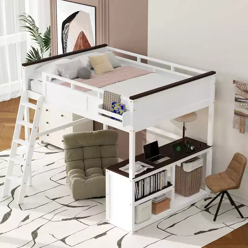 Lit mezzanine Queen Size avec bureau et étagères intégrés, cadre de lit mezzanine en bois peu encombrant avec boîte de rangement et USB, blanc