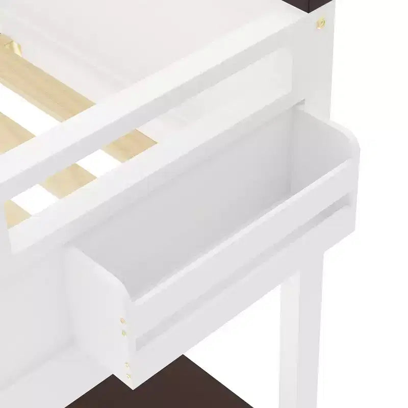 Lit mezzanine Queen Size avec bureau et étagères intégrés, cadre de lit mezzanine en bois peu encombrant avec boîte de rangement et USB, blanc